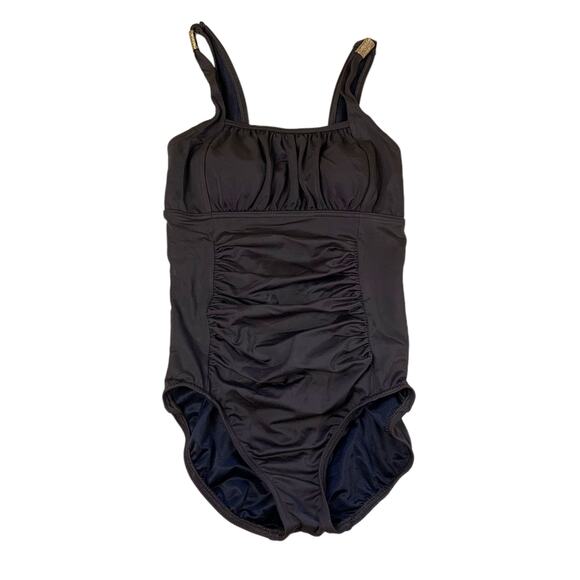 Lands' End Brown Ruched One Piece Slimming Swimsuit Gold Straps 4L 4 Long - Picture 11 of 11